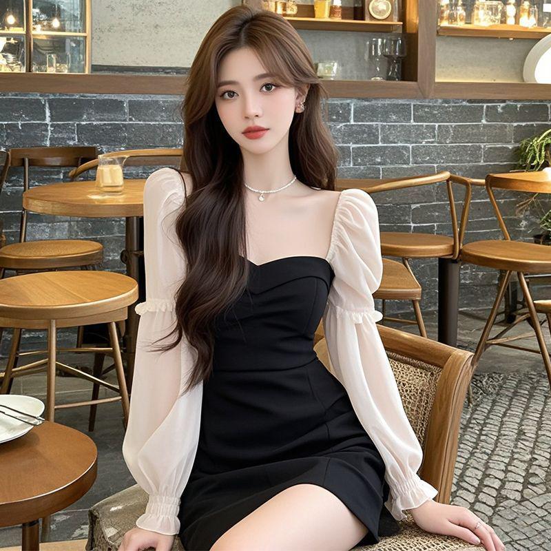 

French Socialite Color Block Mesh Long Sleeve Square Neck Dress - Elegant Waist-Cinched, Hip-Hugging Short Dress S (Recommended 75-97 lbs)