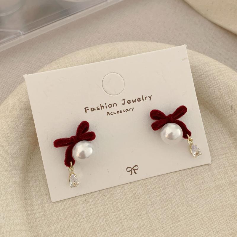 Cute Red Bow Flocking Earrings Simple Elegant Exquisite Sweet Festive Earrings Ear Studs Jewelry Accessories New Year Gifts