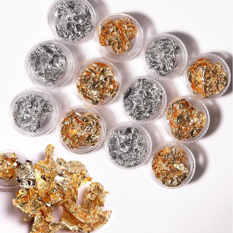 12 mřížkových nehtových dekorací, ultratenká zlato-stříbrná alobalová fólie, 3D třpytky, DIY nehtové umění, UV gelový lak na nehty, nástroj pro zdobení nehtů, fólie