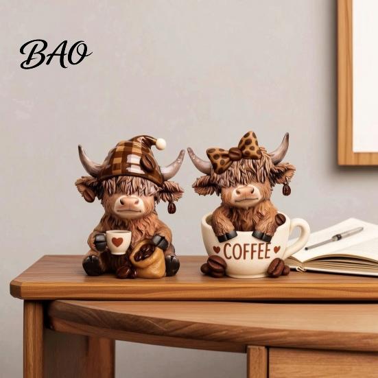 Desktop Coffee Lover Gift 2Pcs Cow Figurine, Cute Resin Animal Statue for Home Desk Corner Shelf Accessory Decor, Cafe Style Tabletop Ornament,