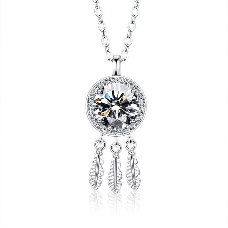 S925 Sterling Silver Dreamcatcher Necklace with 1-Carat Moissanite and Feather Tassel Pendant 925 Silver