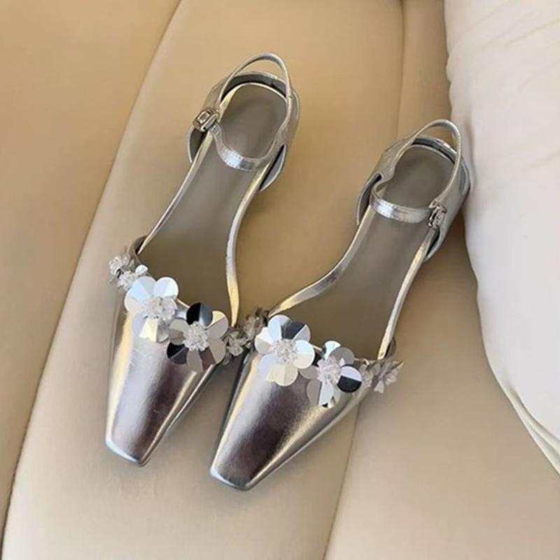 

Модные женские сандалии Элегантные модные туфли на каблуке Туфли с квадратным носком Женские блестящие туфли 2025 Лето Повседневные уютные тапочки Новые Mujer Zapatos 40 серебряный