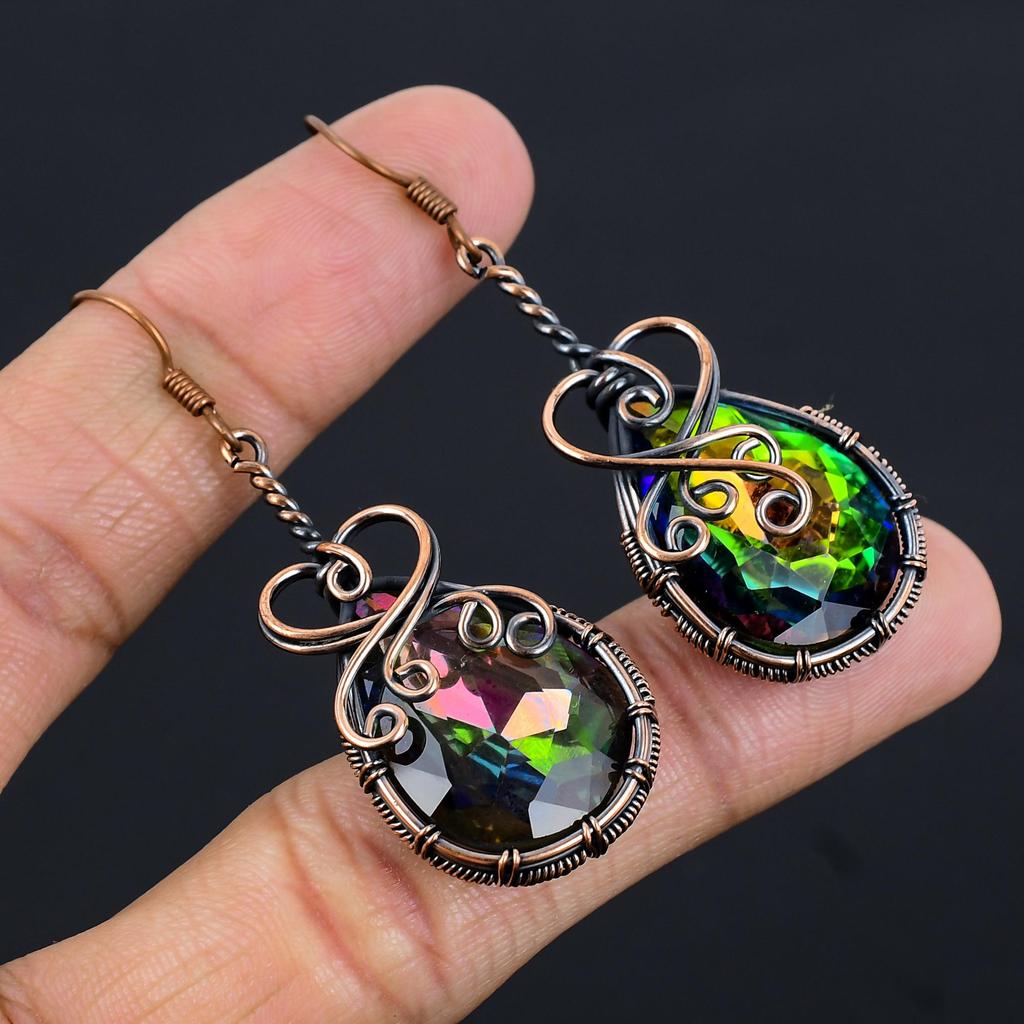 Rainbow & Mystic Topaz Earrings Gemstone Jewelry, 999 Copper Wire Wrapped Earrings, Handmade Beautiful Jewelry Earrings