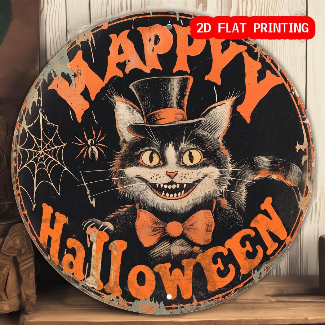 Retro Happy Halloween Black Cat with Top Hat Round Metal Sign D Flat Printed Vintage Spooky Cat Art Tin Plaque Distressed O 20x20cm(8x8inch)