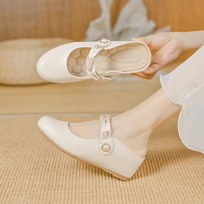 Women's Wedge Slippers Summer High Heel Mules Mary Jane Shoes Near Round Toe Slippers Beige Size Fashionable Luxurious New