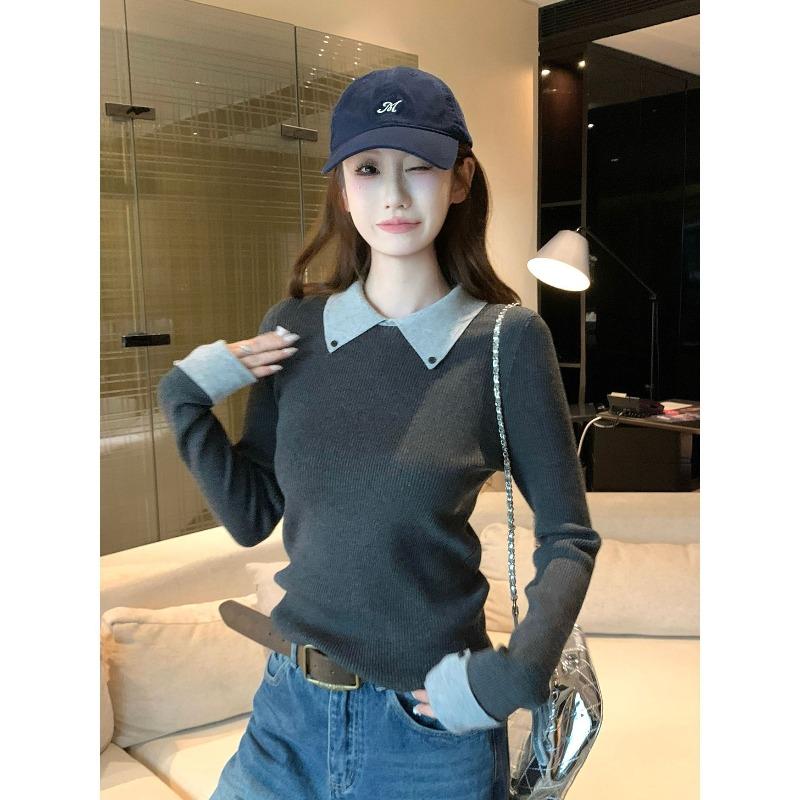 Premium Olo Lapel Knitted Sweater Women's Autumn and Winter New Contrasting Colors Small Man Front Shoulder with Bottoming Shirt Top