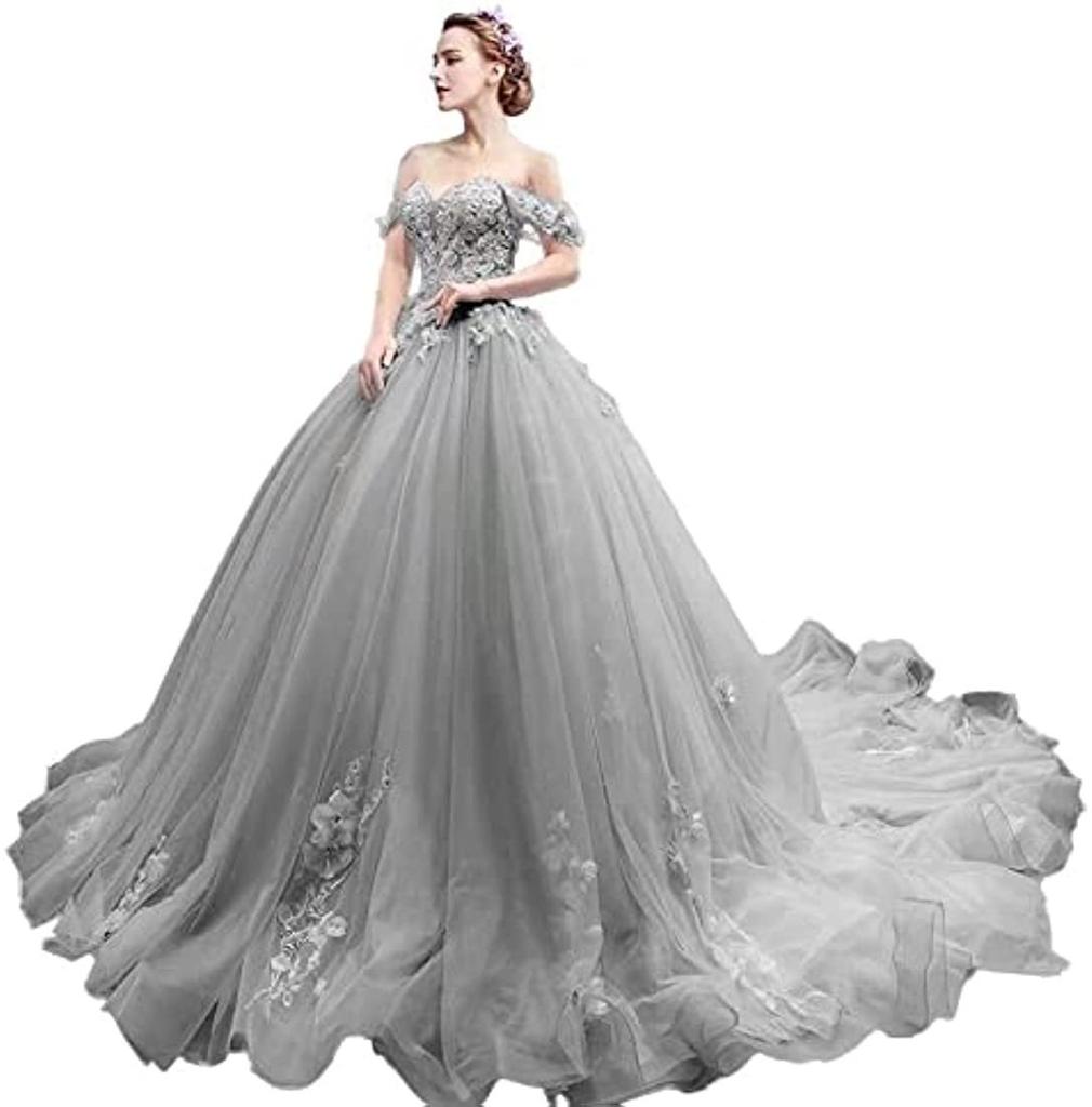 One-word Shoulder Tutu Dress Wedding Dress Birthday Party Art Test Performance Long Trailing Dress