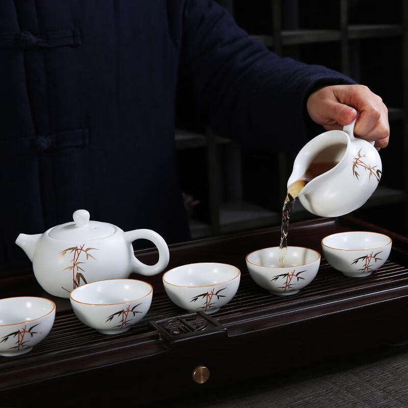 White Ceramic Kung Fu Tea Set with Bamboo Leaf Design