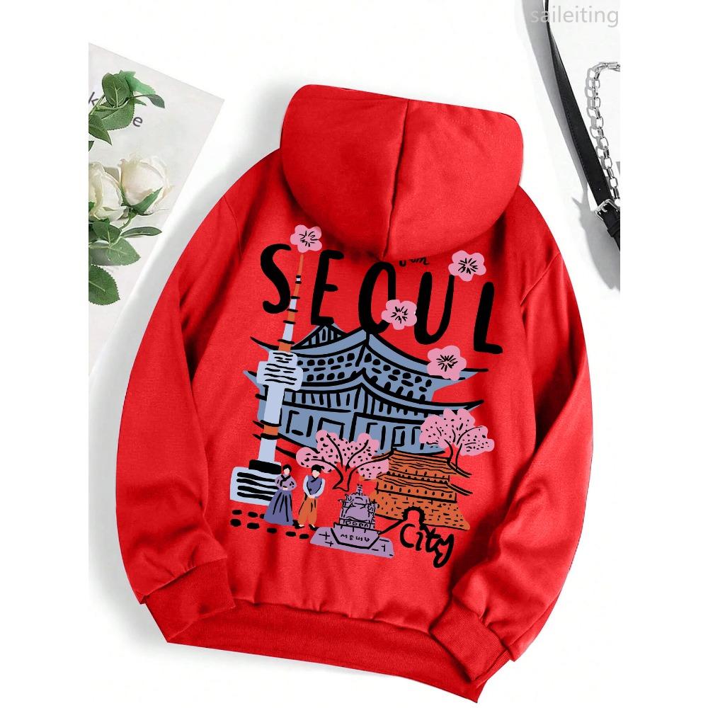 Seoul Smukke Landskaber Print Kvinder Varme Behagelige Hættetrøjer Enkle Street Pullover Vintertøj Kvinder Streetwear Kvinder