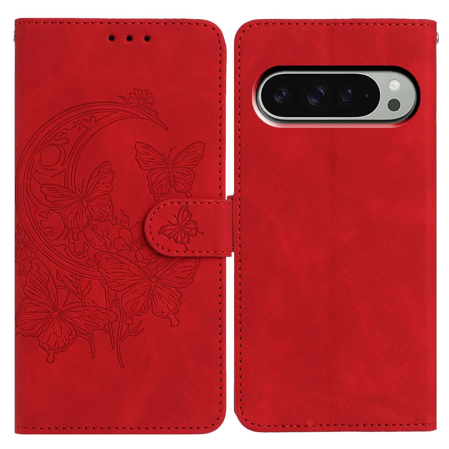 

For Google Pixel 9 Pro XL Case Butterfly Flower Imprinted PU Leather Wallet Stand Phone Cover Red