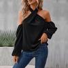 Camisa negra ahuecada de manga larga para mujer, blusa Sexy con hombros descubiertos, Tops informales holgados con cuello Halter a la moda para oficina para mujer 30145