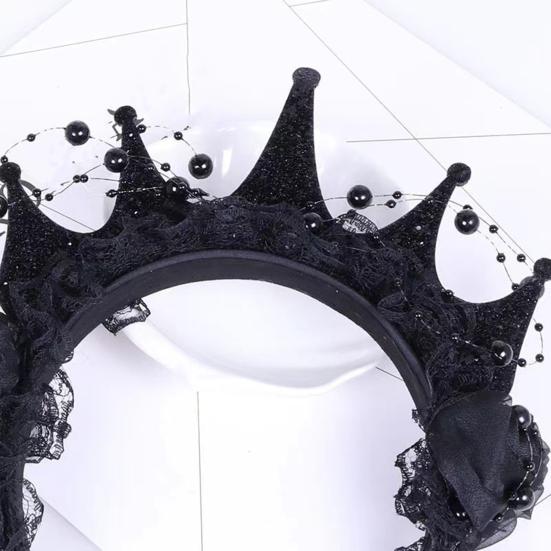 Women Headband Crown Lace Decor Hair Hoop Halloween Dark Style Elastic Headwear