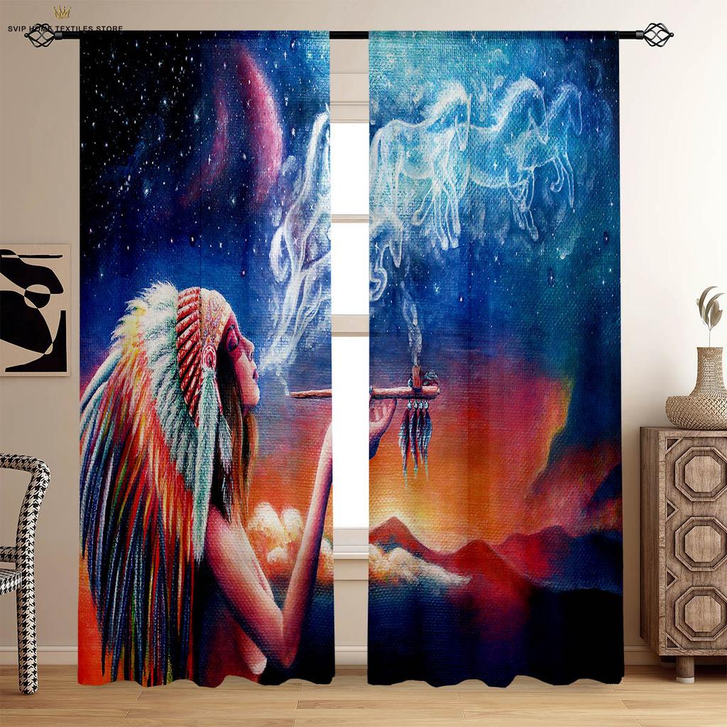 Starry Sky Floral Printed Curtains, Oil Painting, Suitable for Bedroom, Living Room, Dormitory, Decorative Home Decoration