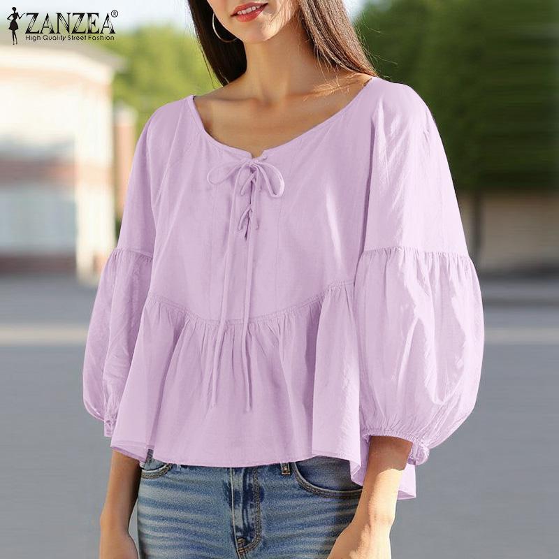 ZANZEA Dámské vintage halenky s kulatým výstřihem, lucernou a 3/4 rukávem a zavazováním