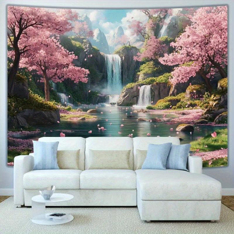 Japanese Sakura Waterfall Tapestry Wall Hanging Polyester Art Living Room Bedroom Office Home Decoration