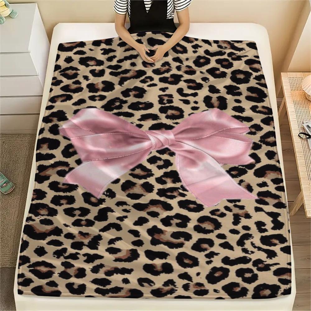 1Pc Leopard Bow Print Flannel Blanket, High quality Comfortable for All Seasons, Home Decor, Warmth and Comfort, Perfect for Gifts