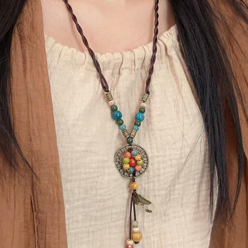 Vintage Bohemian Style Ceramic Beaded Woven Necklace For Women Girls Ethnic Style Long Necklace Jewelry Accessories Gifts
