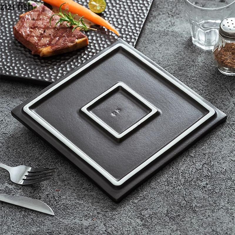 Black Ceramic Steak Plate Creative Honeycomb Texture Flat Plate Sushi Plate Dessert Dish Service Plates Specialty Tableware