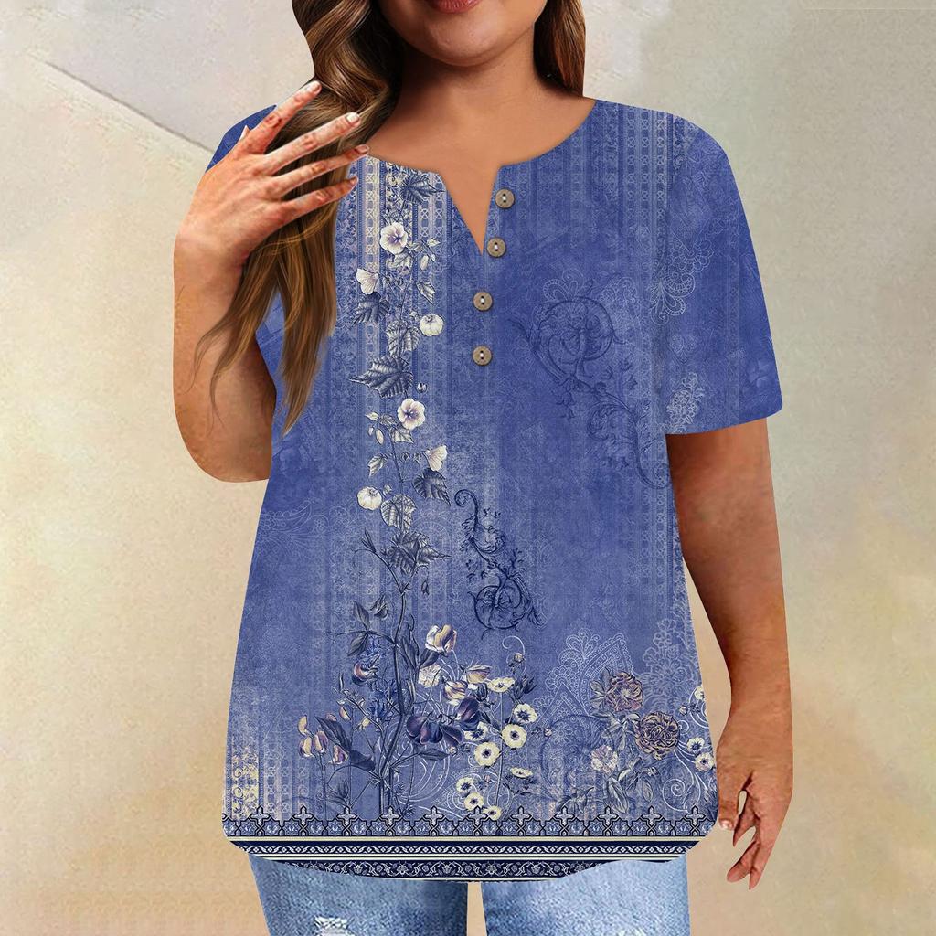 Damen-Kurzarmshirt mit Knöpfen, Übergröße, T-Shirt mit Blumenmuster, lässige Oberteile