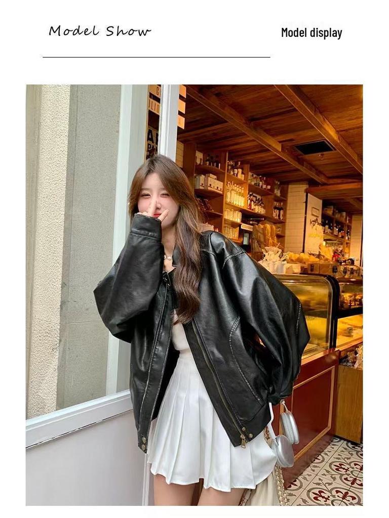 Damen Kleine Braune Lederjacke - 2025 Amerikanischer Retro-Stil mit Gewischtem Farbdesign, Baumwollgefüttert.