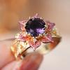 Huitan Two Tone Women Ring Flower Design Luxury Wedding Inlaid Sparkling Purple CZ Party Accessories Fashion Lady Jewelry Gift