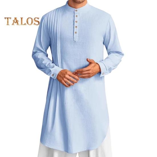 Men's Cotton Linen Kaftan Long Sleeve O-Neck Robe Solid Color Button-up Collar Thobe Breathable Arabic Clothing for Prayers Casual Wear