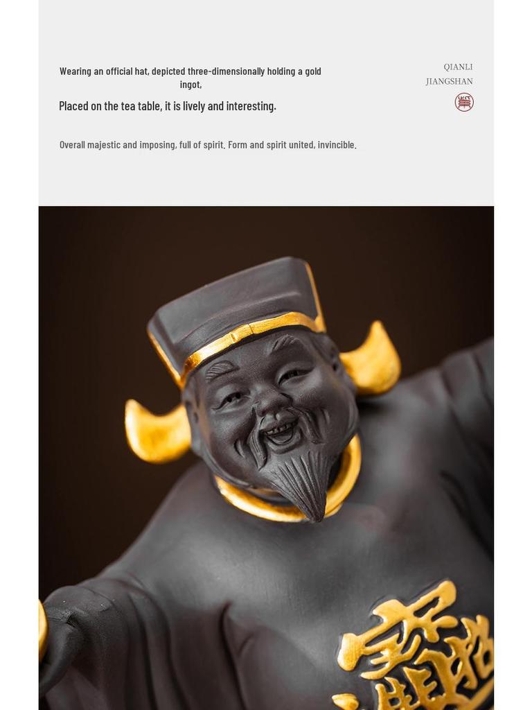 Zisha God of Wealth Tea Pet Figurine - Attracts Wealth & Treasure, Decorates Tea Table, and Grows with Tea; Includes Lid Holder Accessory