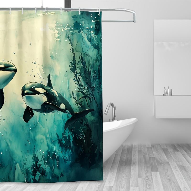 Ocean Orca Shower Curtain - 71X71 Inch, Underwater Scene With Black & White Orcas,Coral Reefs, Polyester,Hand Wash, Summer Decor