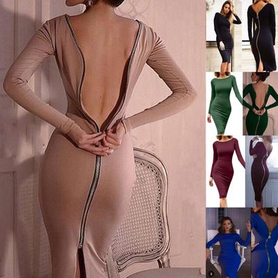Mode Frauen Solide Langarm Sexy Back Zipper Enge Vintage Lange Kleid