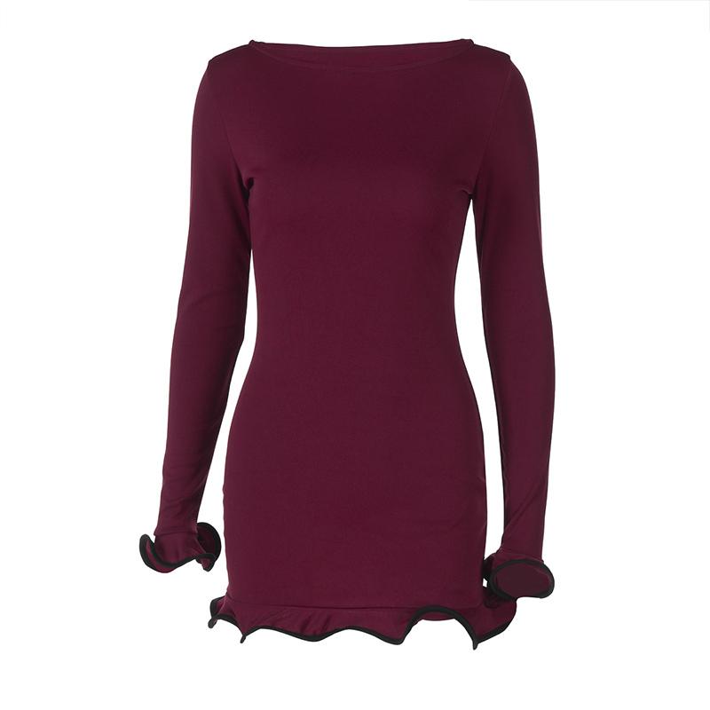 

Сексуальное облегающее мини-платье с оборками и круглым вырезом, женские повседневные платья с длинным рукавом и контрастными цветами в стиле пэчворк на весну и осень L бордовый