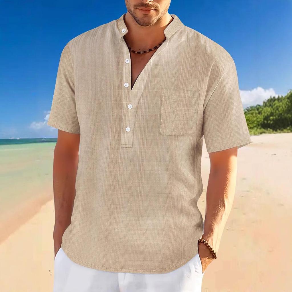 2025 Spring/Summer Men's Stand-Up Collar Short-Sleeve Henley Shirt - Loose Casual Vacation Style