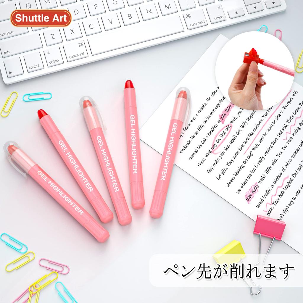 Shuttle Art Highlighter Pink Pastel Solid Fluorescent Fluorescent Retractable Gel with Clear for Marking Convenient Storage Pens, Colors, 5-Pack,