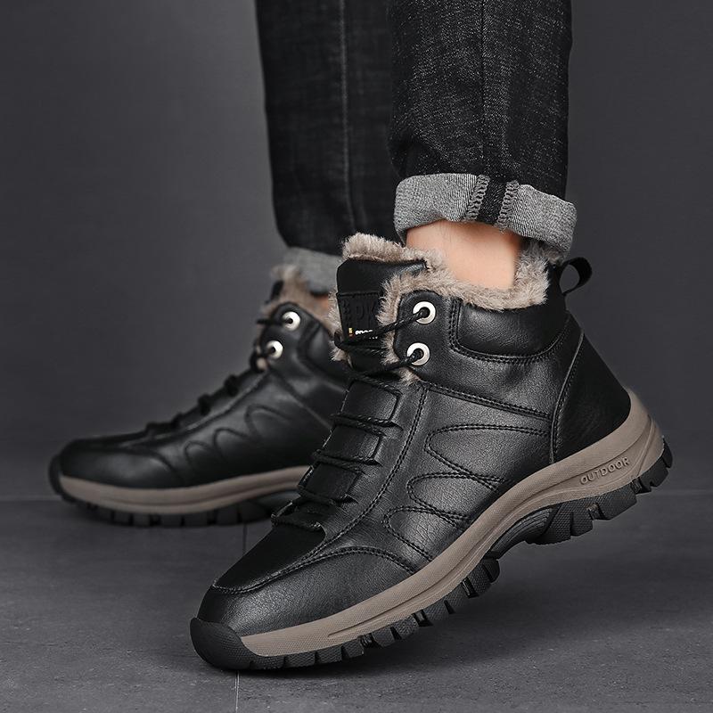 Mens Leather Winter Warm Snow Boots High Top Faux Fur Lining Waterproof Ankle Boots Non-Slip Outdoor Shoes Zipper Hiking Hiking Sports Boots