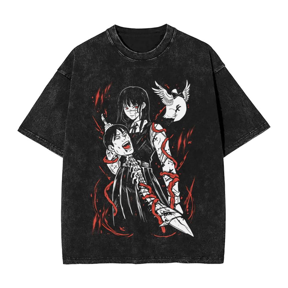 Anime Chainsaw Man Yoru T-Shirt Hip Hop Gothic Gewaschenes Oversized-T-Shirt Herren Damen Kleidung Kurzarm Baumwolle T-Shirts Oberteile