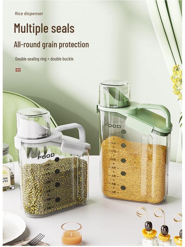 Transparent Portable Sealed Container with Measuring Cup for Grain, Cereal, Rice, Cat Food - Moisture & Insect Proof Kitchen Storage.
