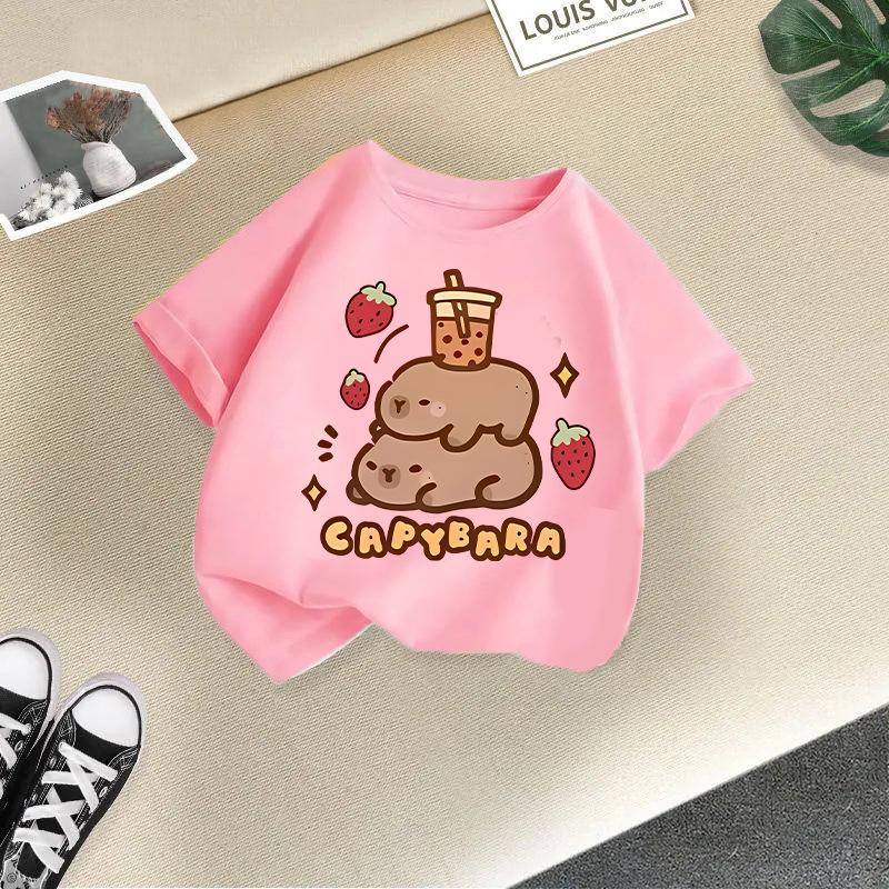 Kinder T-Shirt Capybara Aufdruck Kinder 100% Baumwolle Kleidung Oberteile 2-13J Locker geschnitten Lässig Rundhalsausschnitt Kurzarm T-Shirt
