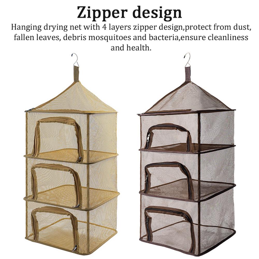 Outdoors Drying Net Foldable Drying Rack 4 Layers Fish Mesh with U-Shape Zippers and Hooks for