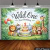 2D Jungle Wild One 1st Birthday Backdrop - Lion Tiger & Elephant Banner for Baby First Birthday Photoshoot