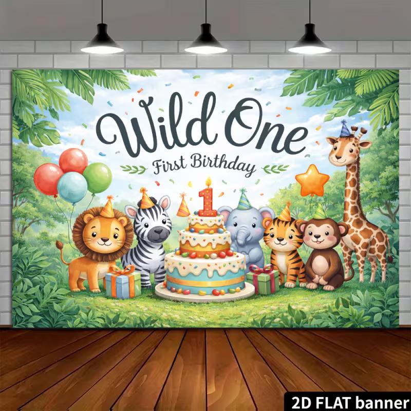 2D Jungle Wild One 1st Birthday Backdrop - Lion Tiger & Elephant Banner for Baby First Birthday Photoshoot