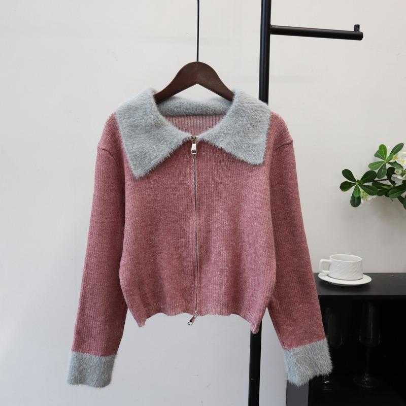 Autumn and Winter New Splicing Imitation Mink Velvet Knitted Cardigan Zipper Short Design Soft Waxy Sweater Jacket Women