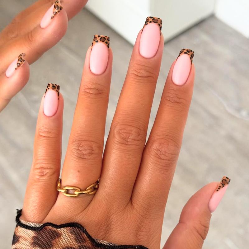 24Pcs Long Coffin Leopard Print Press On Nails With Glue Sweet Cool Diamond Floral French Fake Nail Tips Set