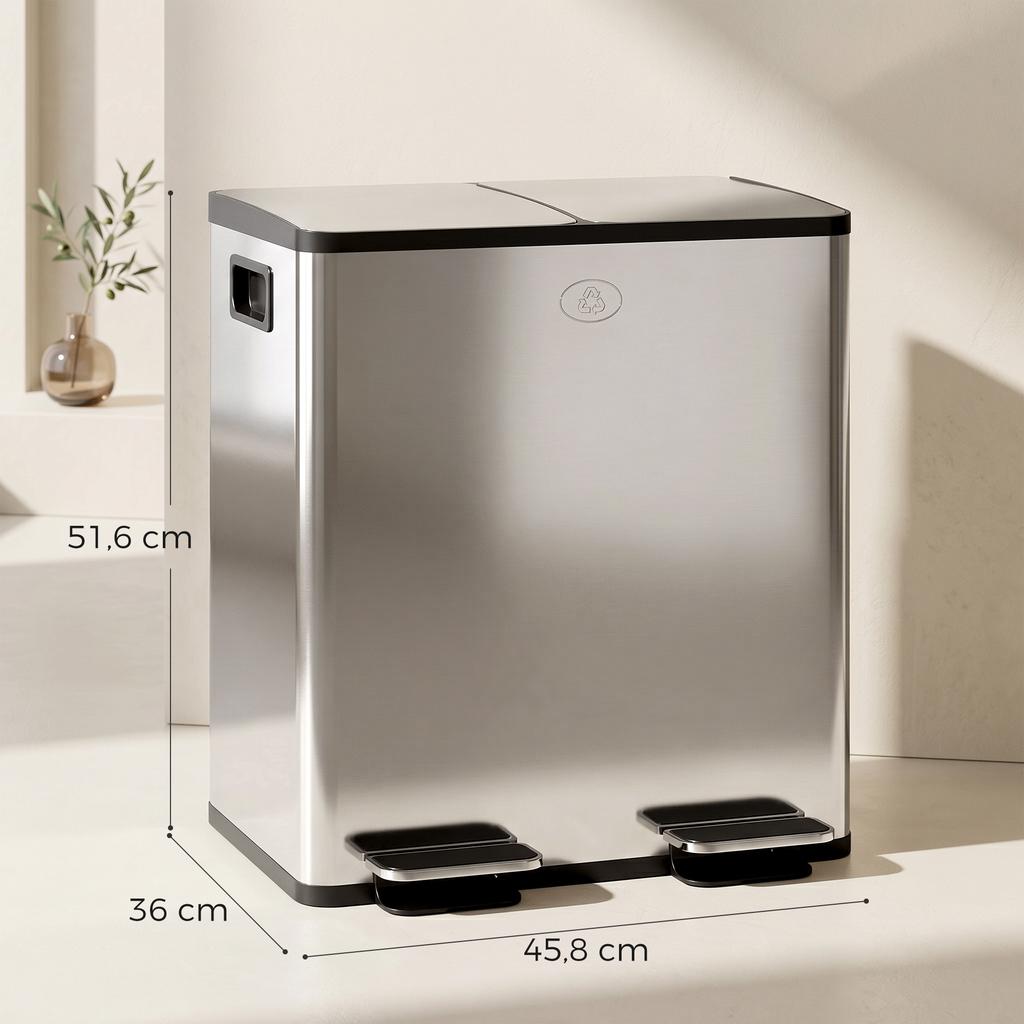 40L Dual Compartment Stainless Steel Bin, with Deodoriser Holders - Silver Tone