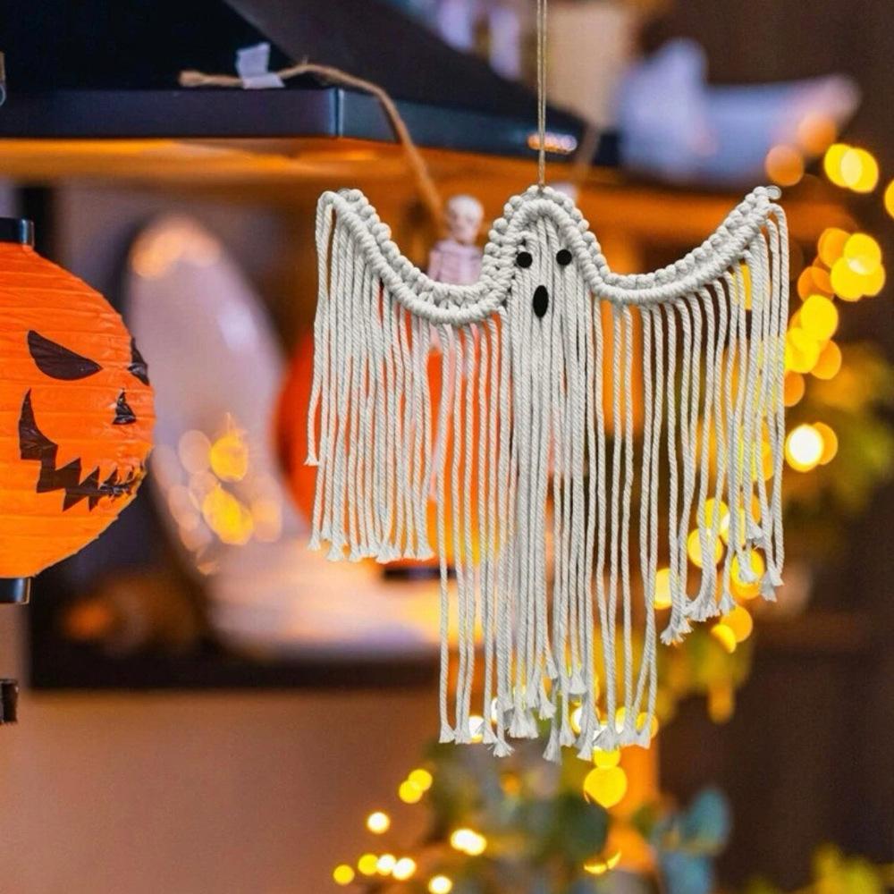 Cotton Halloween Decoration Hanging Ornaments Hand-woven White Ghost Wall Hanging Holiday Scene Arrangement Theme Party Supplies