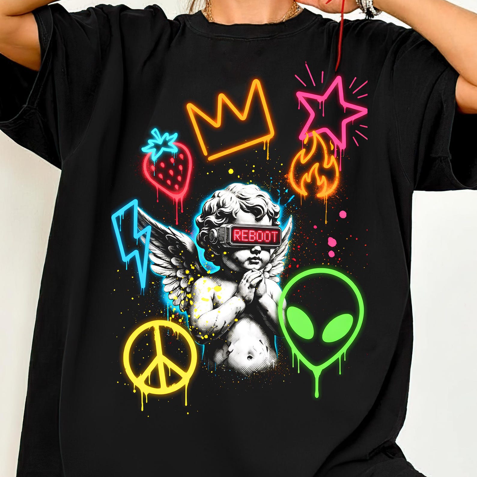 Angelic Reboot Y2K Shirt, Neon Angel Graphic Tee, Streetwear Aesthetic T Shirt, Cyberpunk Vintage Style, Oversized Shirt 3XL