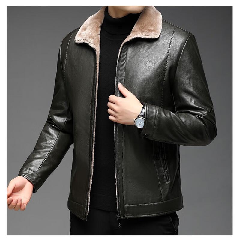 Hengyuanxiang Men's Winter Faux Leather Fur Collar Jacket