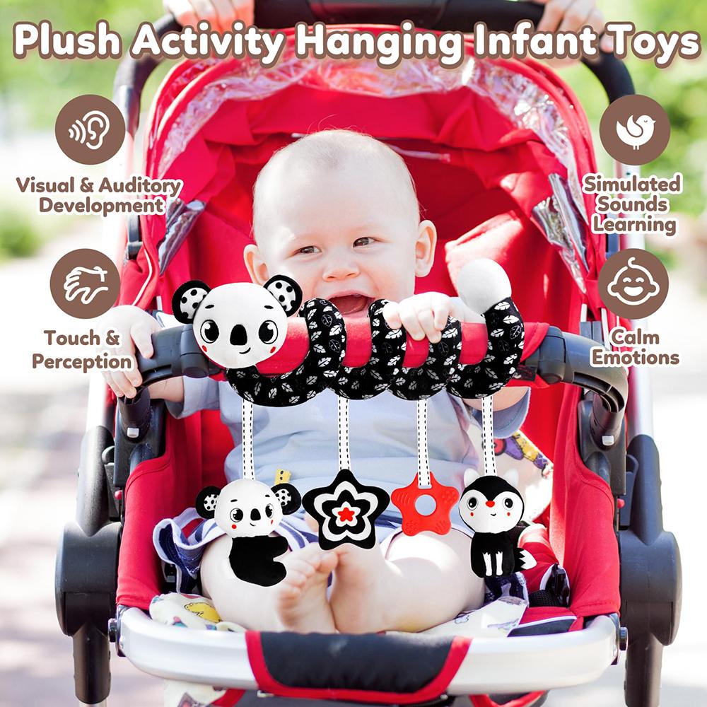 Baby Carseat Toy Black & White Lion Koala Rattle Spiral Hanging Activity Stroller Toy for Newborns Crib Mobile Sensory Toy Gifts