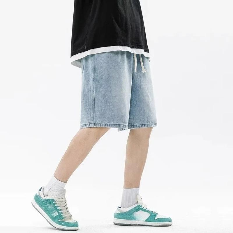Men Casual Denim Shorts Male Elastic Waist Straight Leg Comfortable Light Blue Soft Short Pants Baggy Wide Leg Jeans