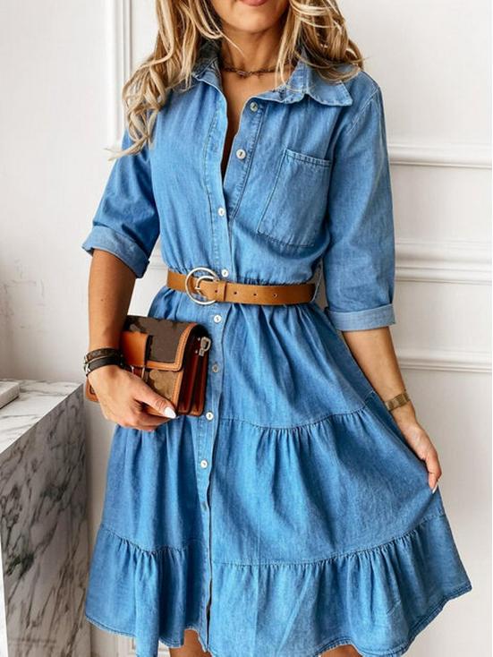 

2022 Bestseller: European-American Denim Square Neck Patchwork Button Mid-Length Dress S