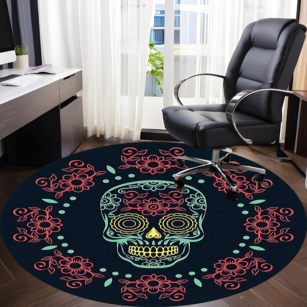 1pc Sugar Skull Art Chair Carpet for Office, Indoor Non Slip Washable Polyester Fiber Carpet,