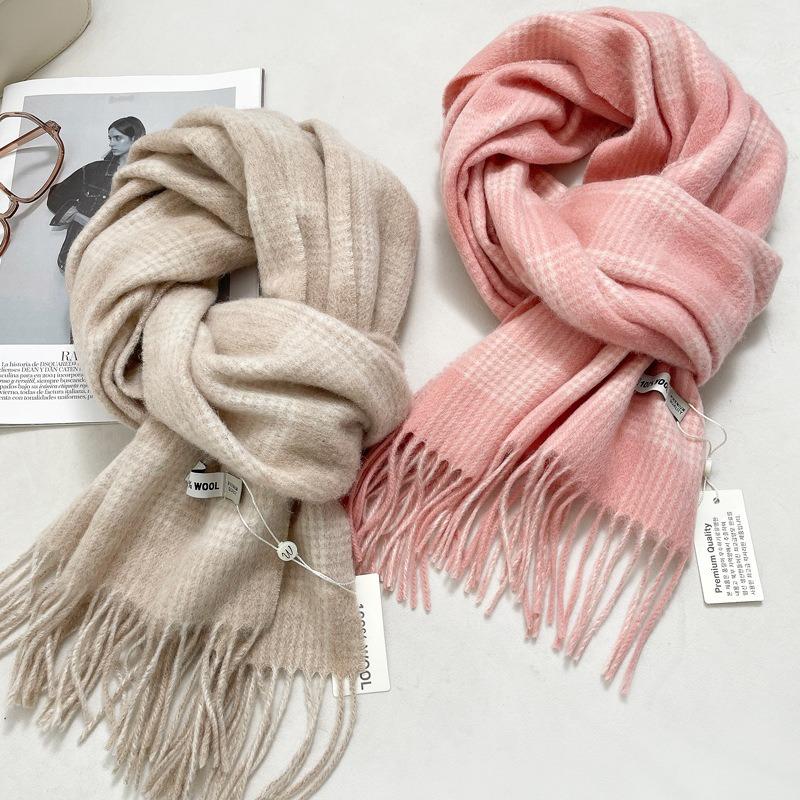 100 wool scarves women's winter cream sweet wind plaid scarves thickened warm fringed scarves